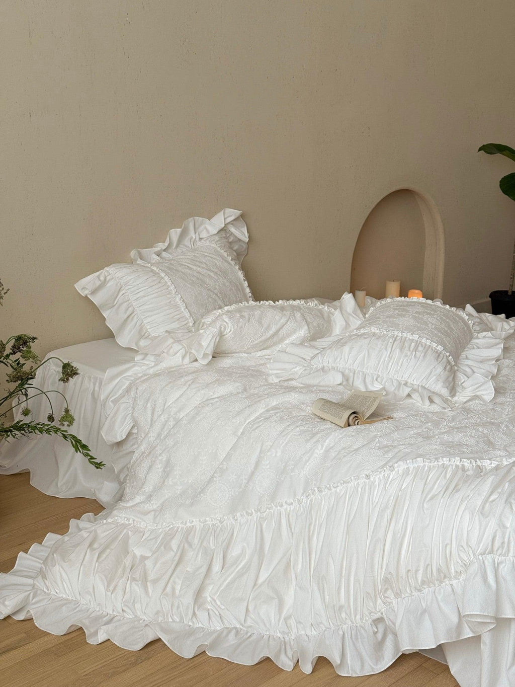White Whisper Embroidered Ruched Ruffle Bedding Set
