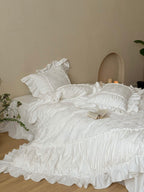 White Whisper Embroidered Ruched Ruffle Bedding Set