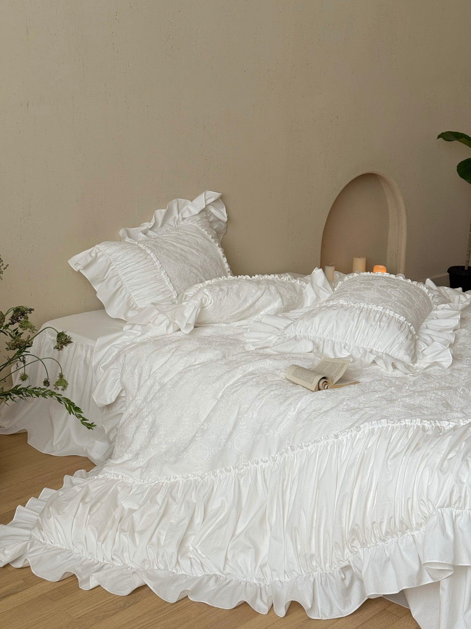 White Whisper Embroidered Ruched Ruffle Bedding Set