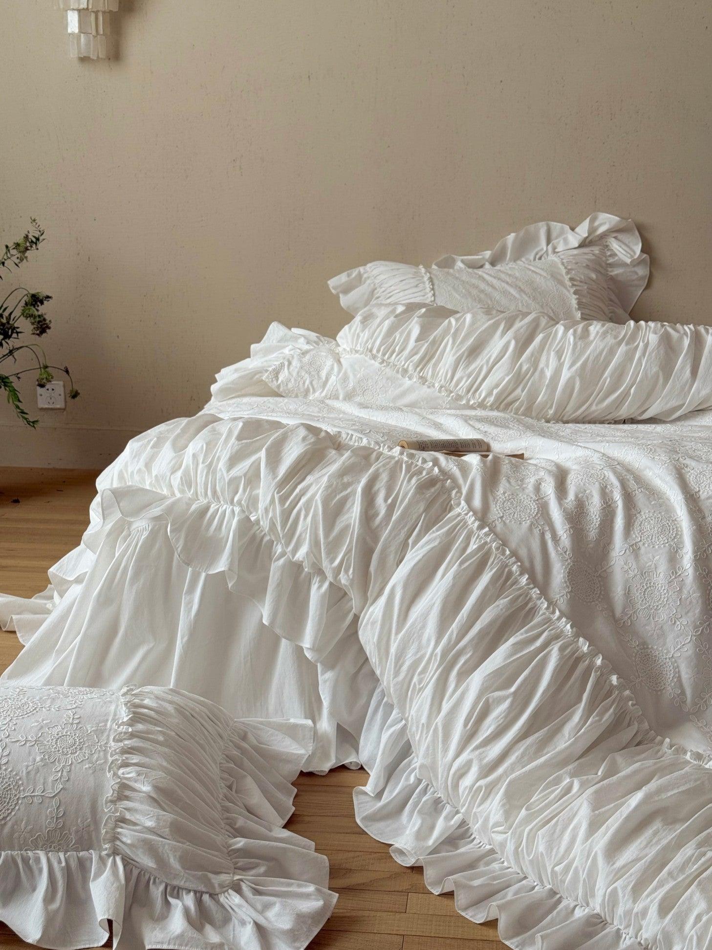 White Whisper Embroidered Ruched Ruffle Bedding Set