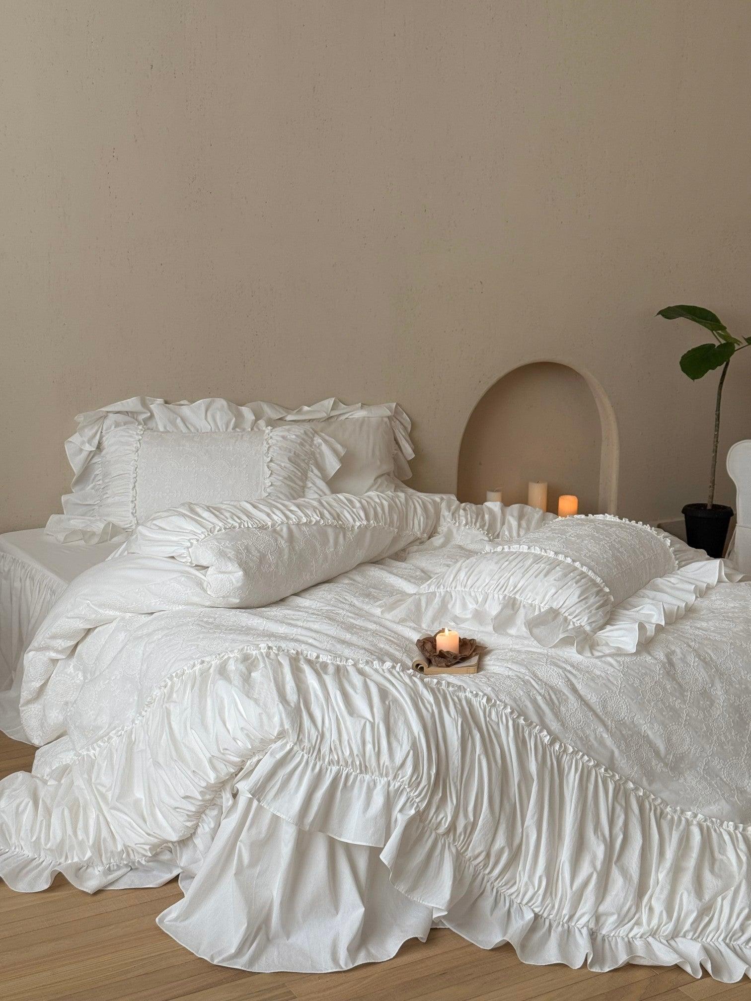 White Whisper Embroidered Ruched Ruffle Bedding Set
