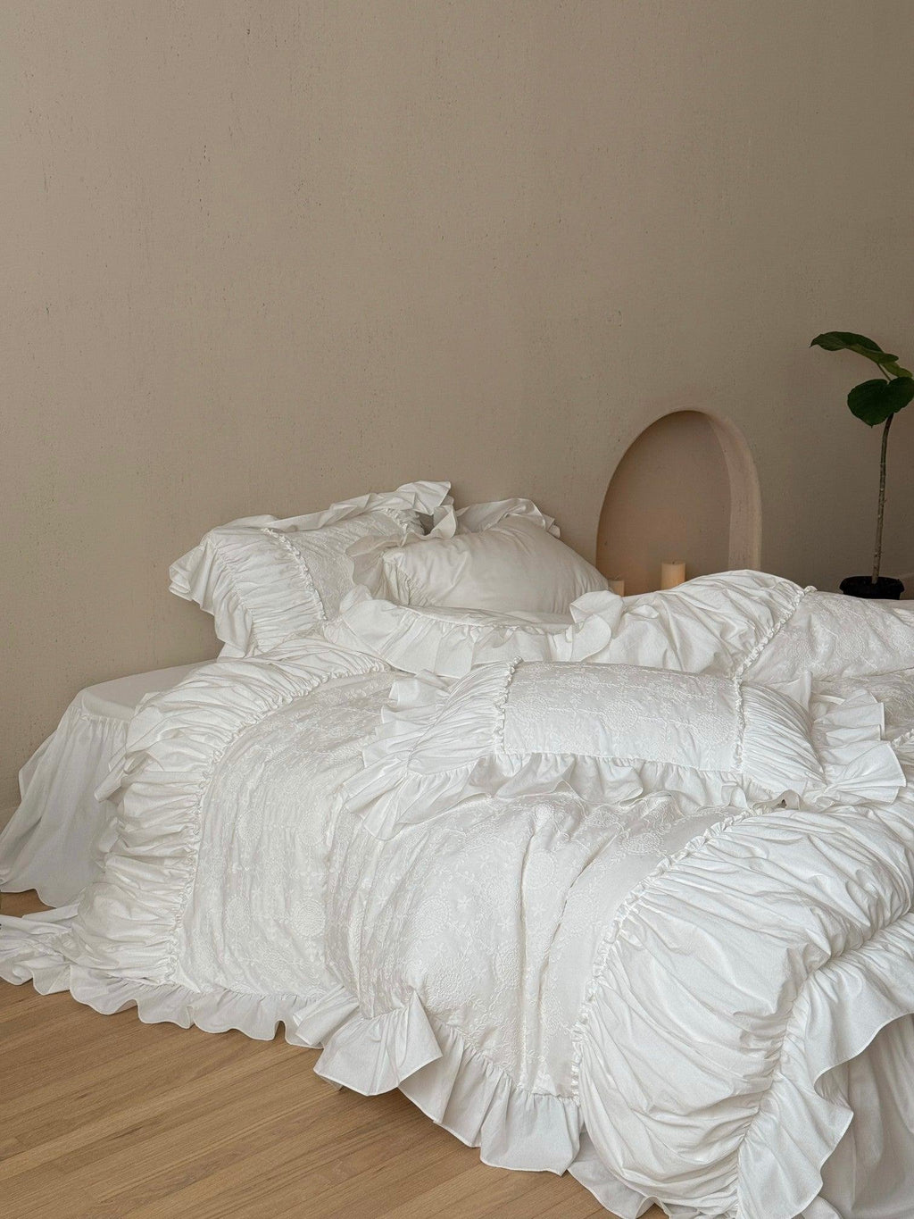 White Whisper Embroidered Ruched Ruffle Bedding Set
