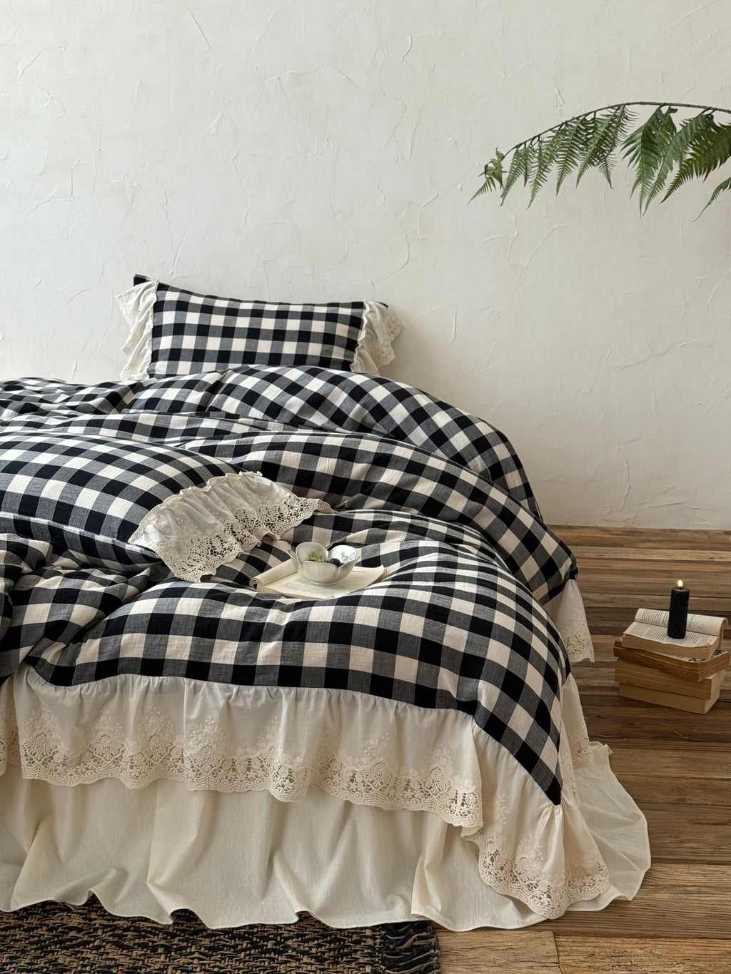 Classic Gingham Lace Ruffle Bedding Set