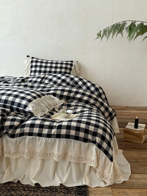 Classic Gingham Lace Ruffle Bedding Set