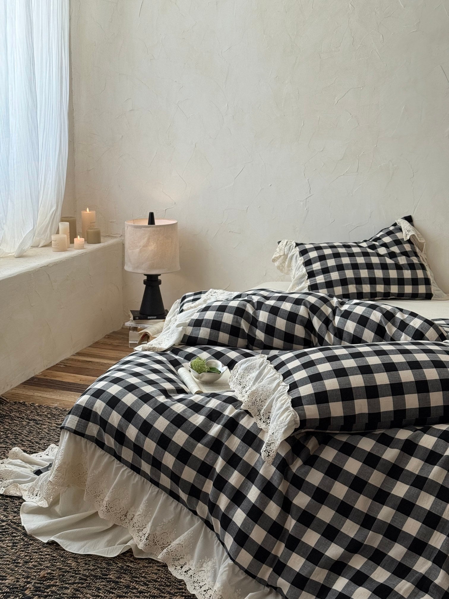 Classic Gingham Lace Ruffle Bedding Set