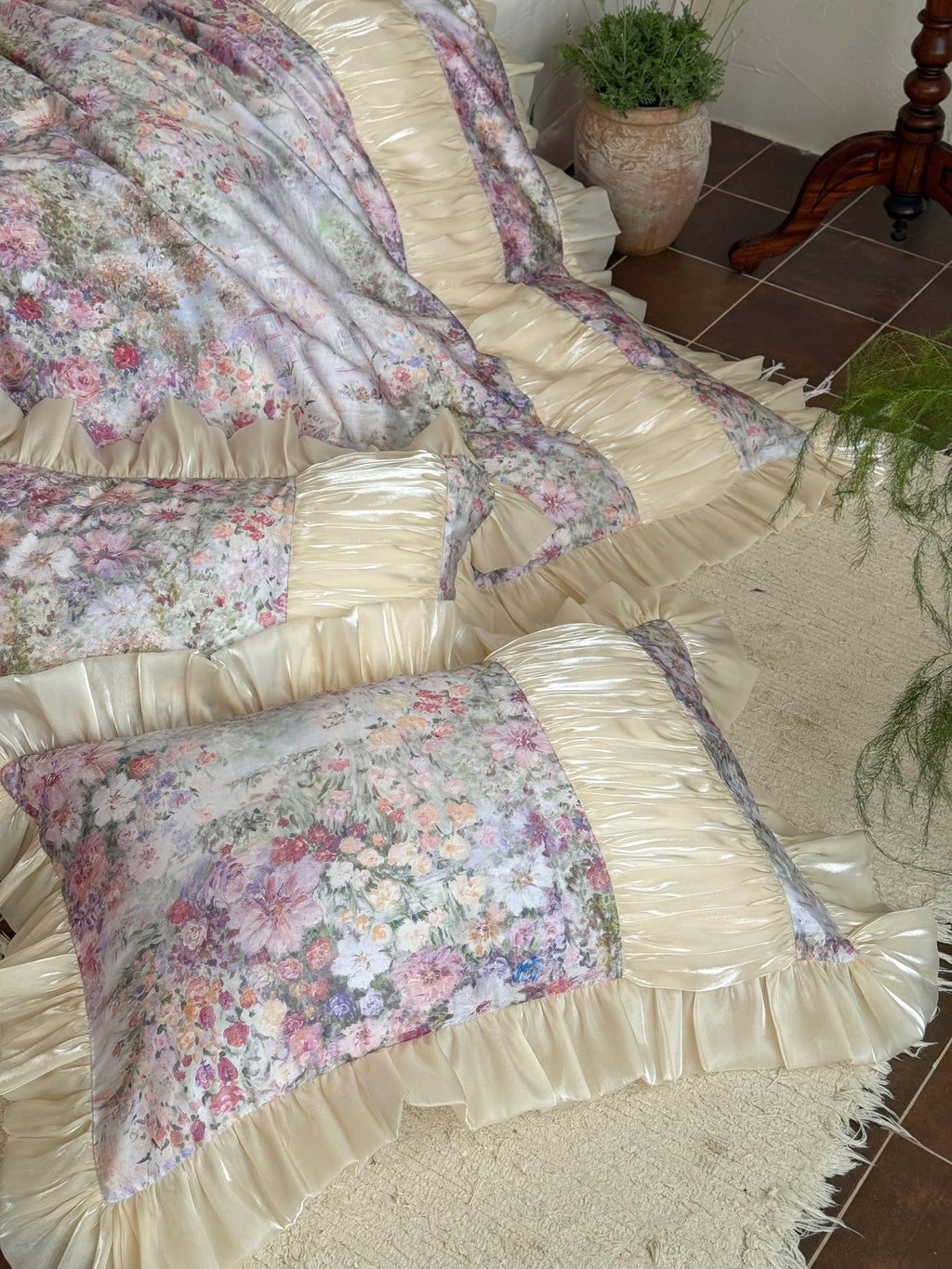 Rosewater Bloom Ruched Tencel Ruffle Bedding Set