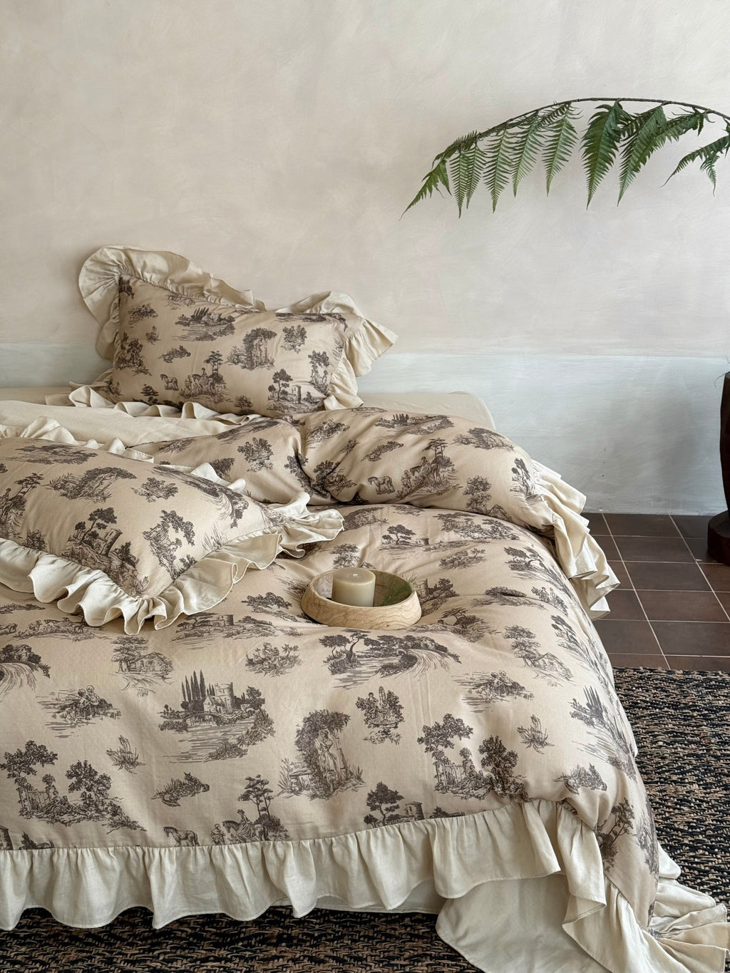 Willowbrook Toile Muslin Gauze Ruffle Bedding Set – Beige