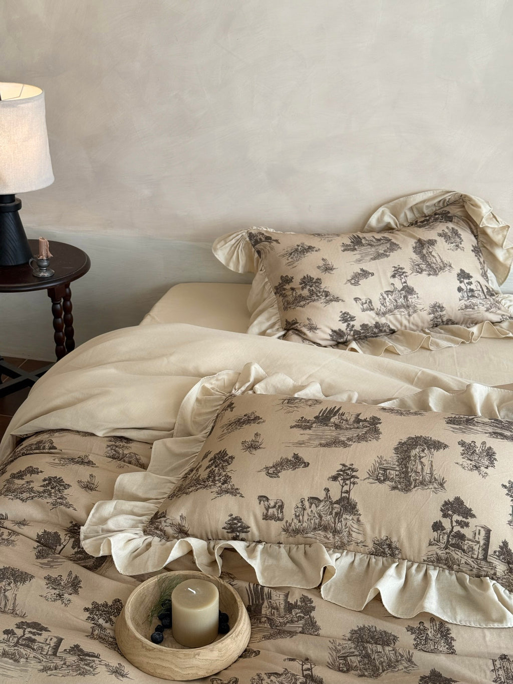Willowbrook Toile Muslin Gauze Ruffle Bedding Set – Beige