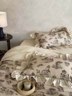 Willowbrook Toile Muslin Gauze Ruffle Bedding Set – Beige