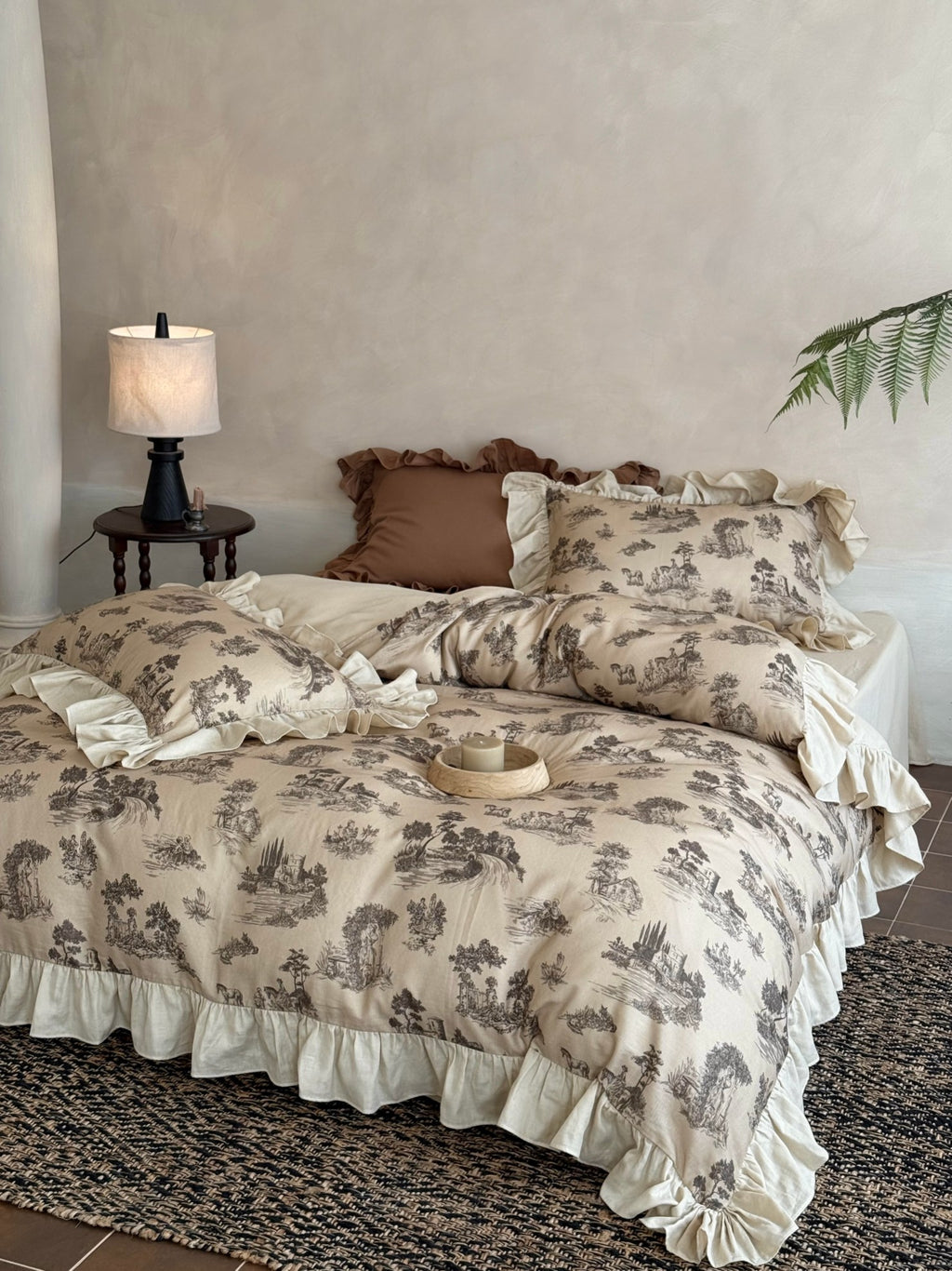 Willowbrook Toile Muslin Gauze Ruffle Bedding Set – Beige