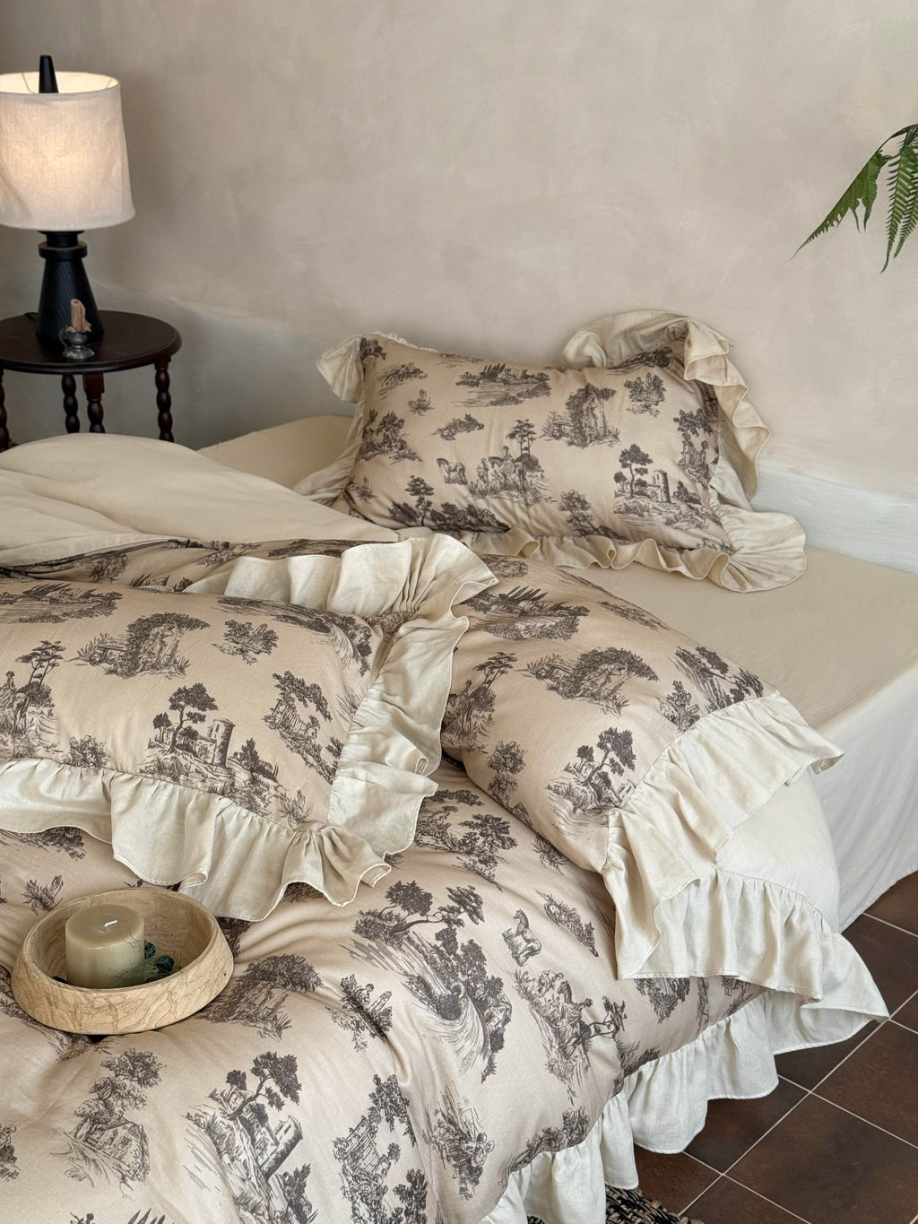 Willowbrook Toile Muslin Gauze Ruffle Bedding Set – Beige