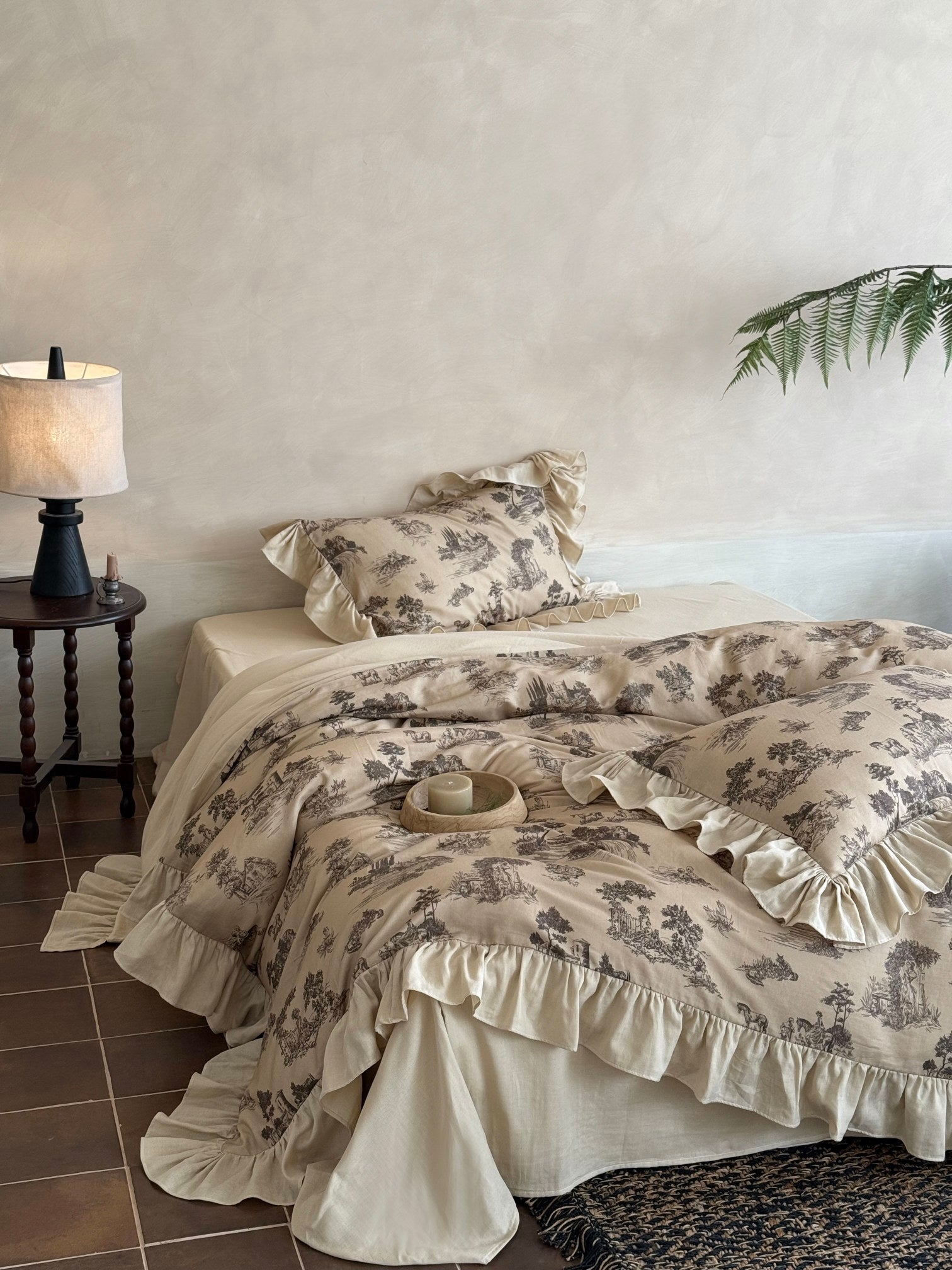 Willowbrook Toile Muslin Gauze Ruffle Bedding Set – Beige