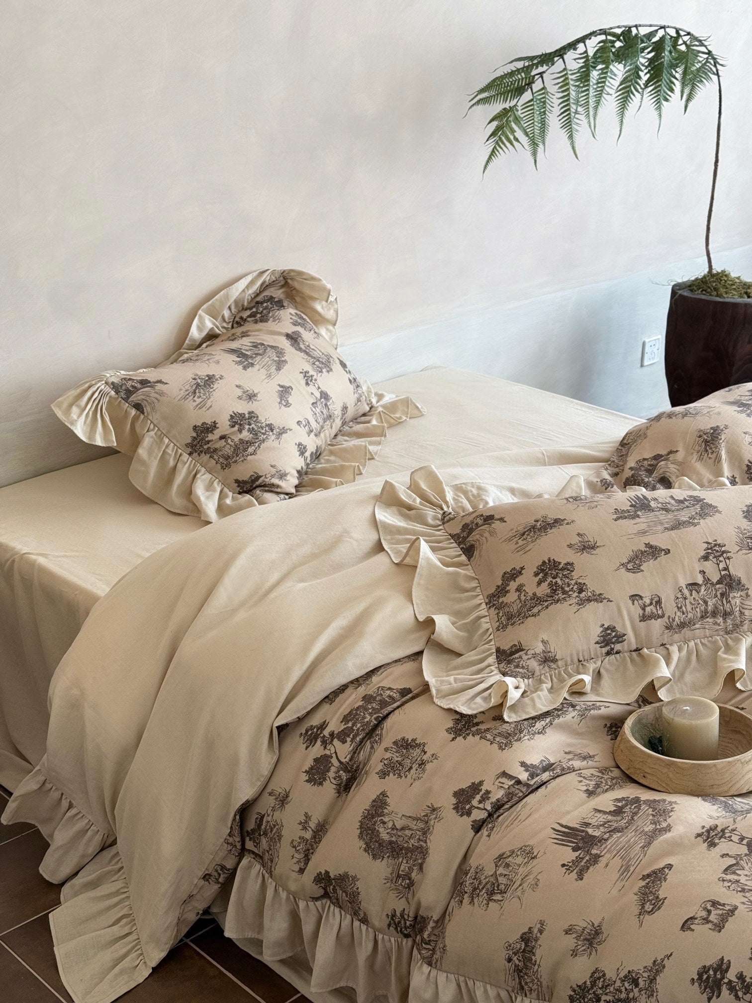Willowbrook Toile Muslin Gauze Ruffle Bedding Set – Beige