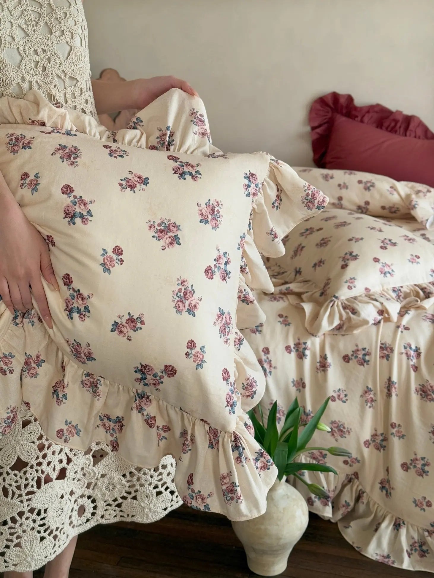 Blush Meadow Ruffle Muslin Gauze Bedding Set Breezora