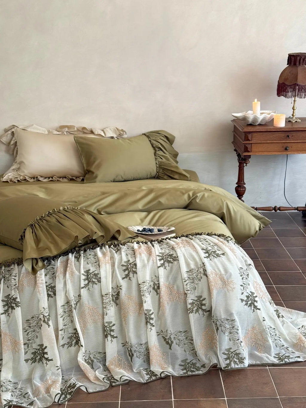 Sage Ruffle Embroidered Bedding Set Breezora
