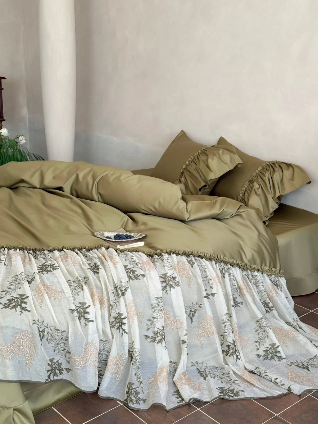 Sage Ruffle Embroidered Bedding Set Breezora