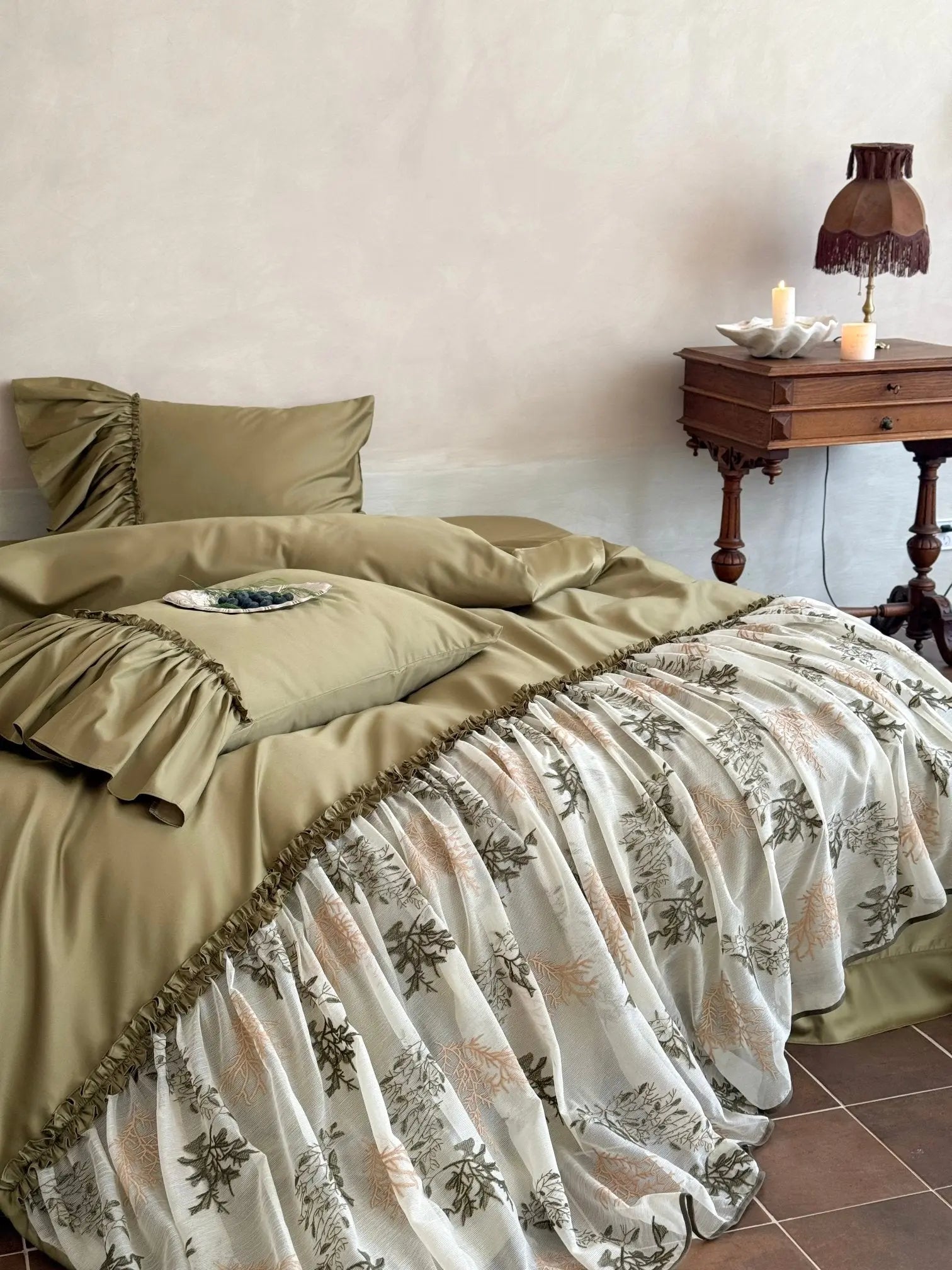Sage Ruffle Embroidered Bedding Set Breezora