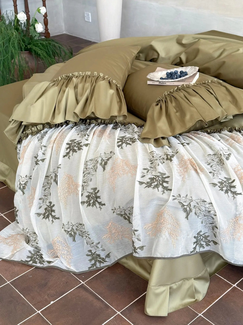 Sage Ruffle Embroidered Bedding Set Breezora