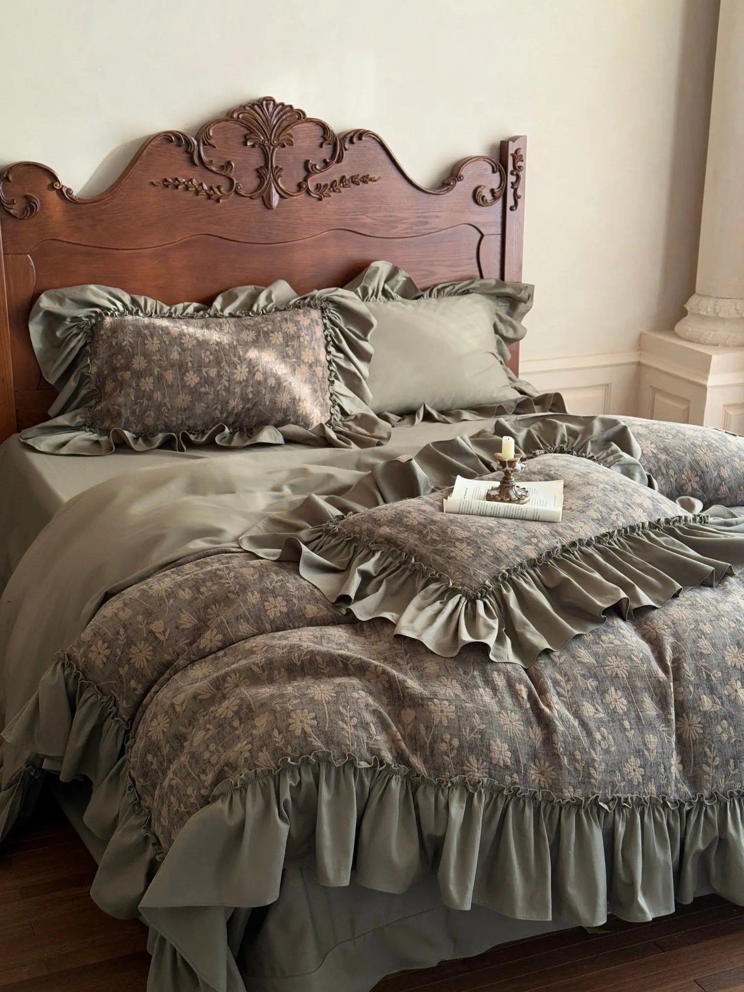 Muted Green Jacquard Ruffle Bedding Set