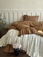 Earth-Tone Brushed Sateen Lace Ruffle Bedding Set Breezora
