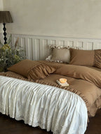 Earth-Tone Brushed Sateen Lace Ruffle Bedding Set Breezora