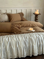 Earth-Tone Brushed Sateen Lace Ruffle Bedding Set Breezora