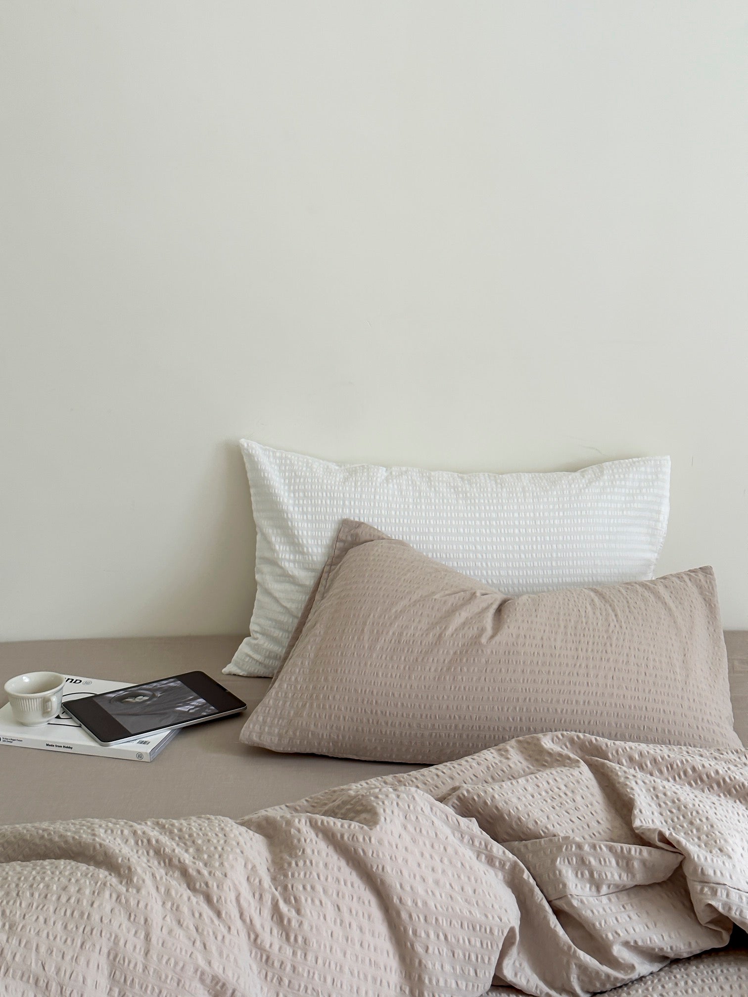 Soft Beige Stripe Seersucker Cotton Duvet Cover - Breezora