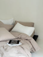 Soft Beige Stripe Seersucker Cotton Duvet Cover - Breezora