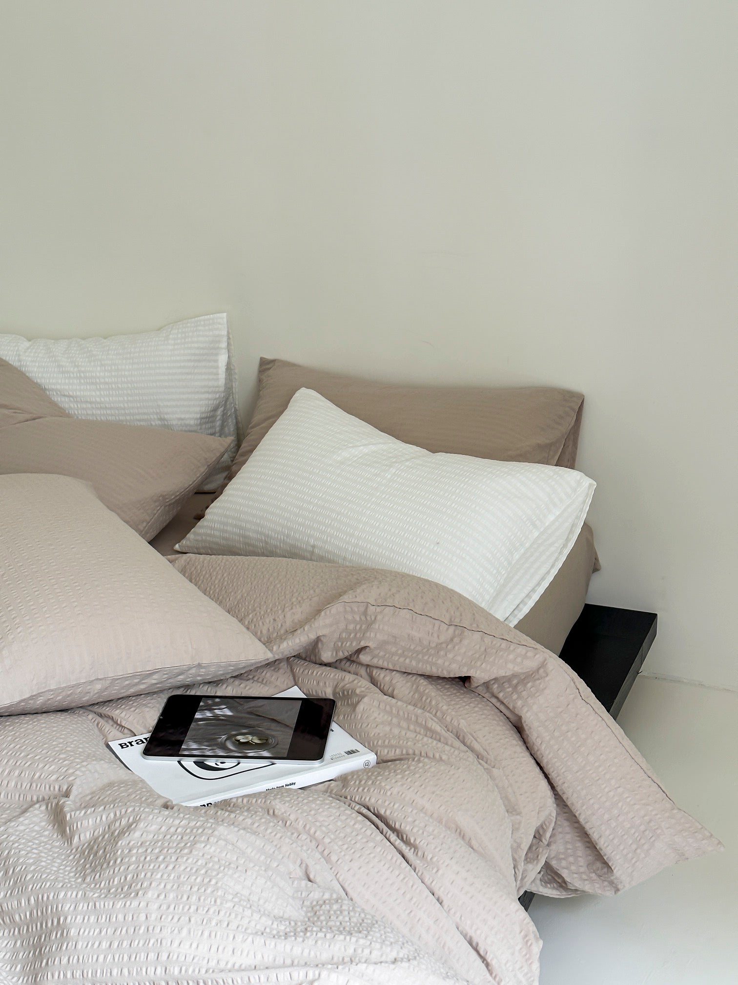 Soft Beige Stripe Seersucker Cotton Duvet Cover - Breezora