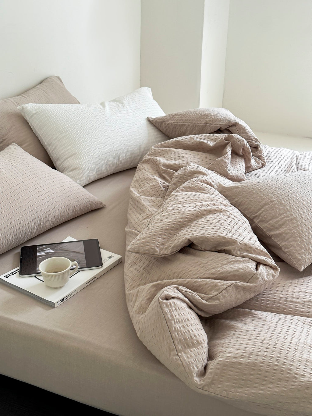 Soft Beige Stripe Seersucker Cotton Duvet Cover - Breezora