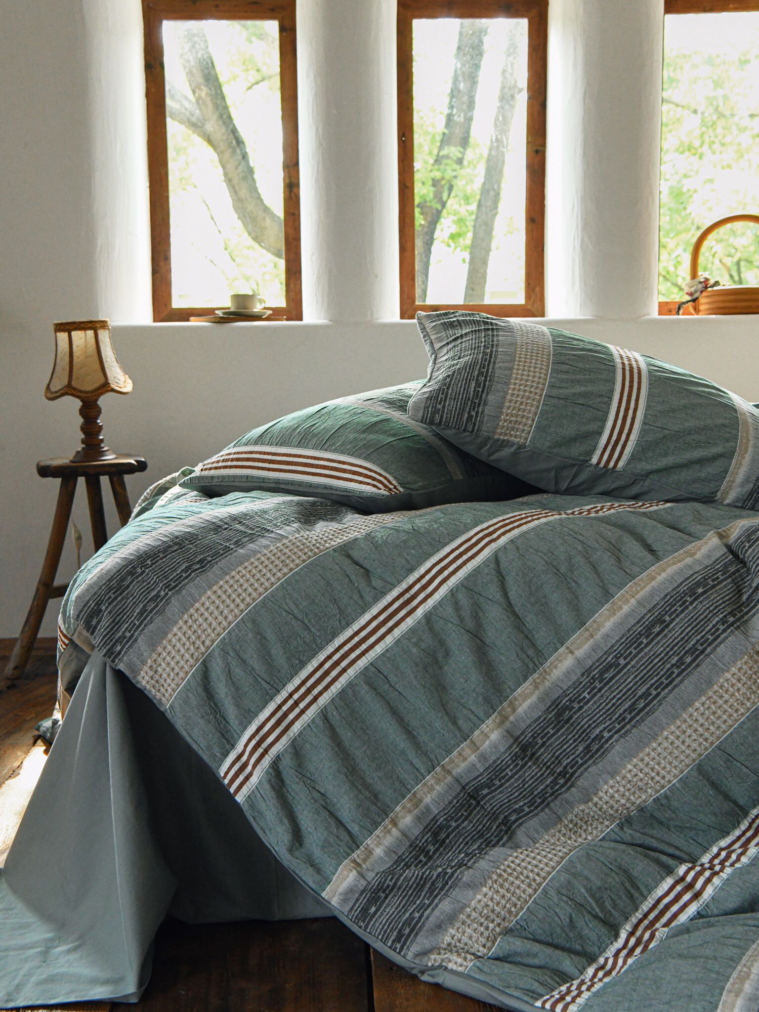 Teal Textured Striped Crinkled Duvet Cover original reference image 4