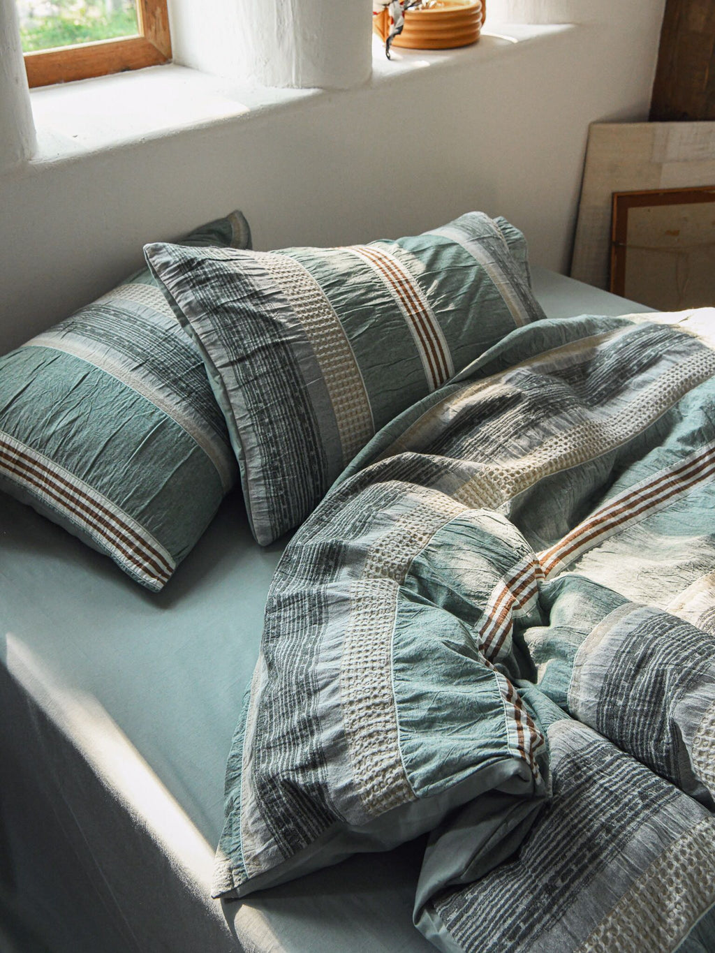 Teal Textured Striped Crinkled Duvet Cover original reference image 7